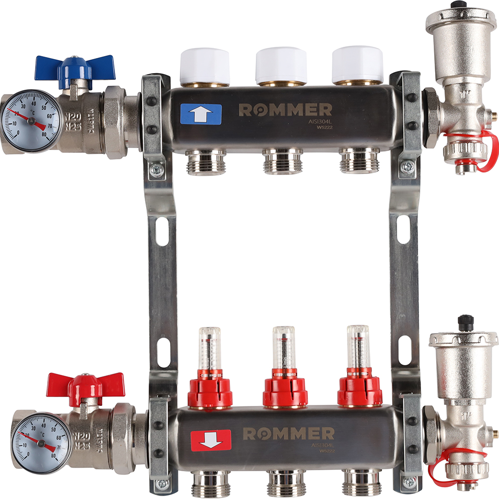 Коллектор из нержавеющей стали в сборе с расходомерами ROMMER 3 выхода — фото, характеристики