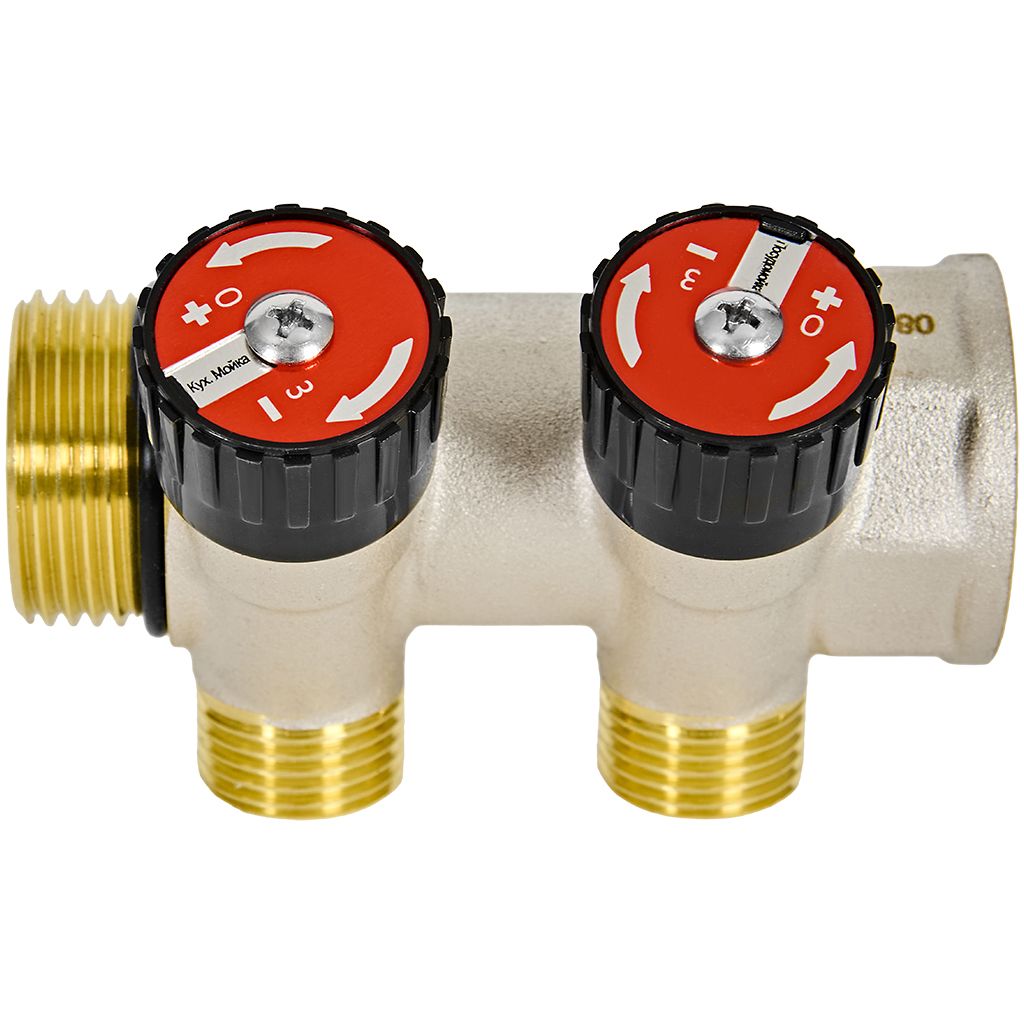 Коллектор распределительный ROMMER RMB-0016 с запорными клапанами, с отводами под 135, подключение 1, 2 отвода 1/2, плоское уплотнение — фото, характеристики
