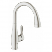 Смеситель для кухни однорычажный GROHE Parkfield с выдвижной лейкой, C-образный излив, суперсталь (30215DC1) — фото, характеристики, купить в PUSHKIN-CLIMBO