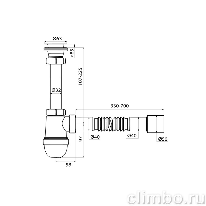 Сифон бутылочный, 1.1/4x40мм, с выпуском и гофротрубой 40/50мм, IDDIS, 900BVG0010VD — фото, детали конструкции