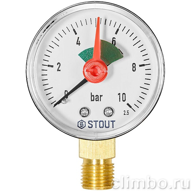 Манометр радиальный STOUT с указателем предела, корпус Dn 50 мм 1/4 , 0…10 бар, кл.2.5 — фото, детали конструкции