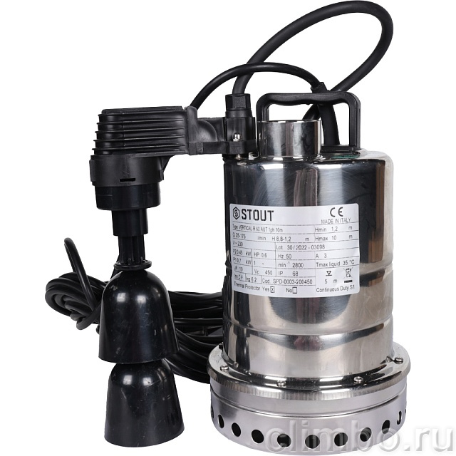 Насос дренажный STOUT с вертикальным поплавком, кабель 10 м, 230V, Q=175 л/мин, H=10 м — фото, детали конструкции