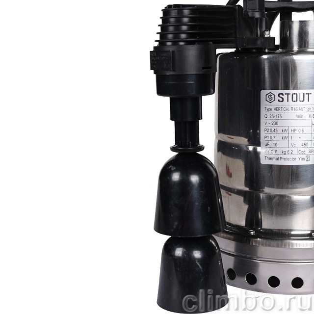Насос дренажный STOUT с вертикальным поплавком, кабель 10 м, 230V, Q=175 л/мин, H=10 м — фото, детали конструкции