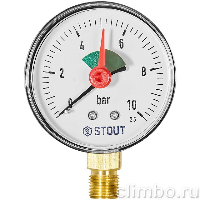 Манометр радиальный STOUT с указателем предела, корпус Dn 63 мм 1/4 , 0…10 бар, кл.2.5 — фото, детали конструкции