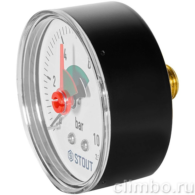 Манометр аксиальный STOUT с указателем предела, корпус Dn 63 мм 1/4 , 0…10 бар, кл.2.5 — фото, детали конструкции