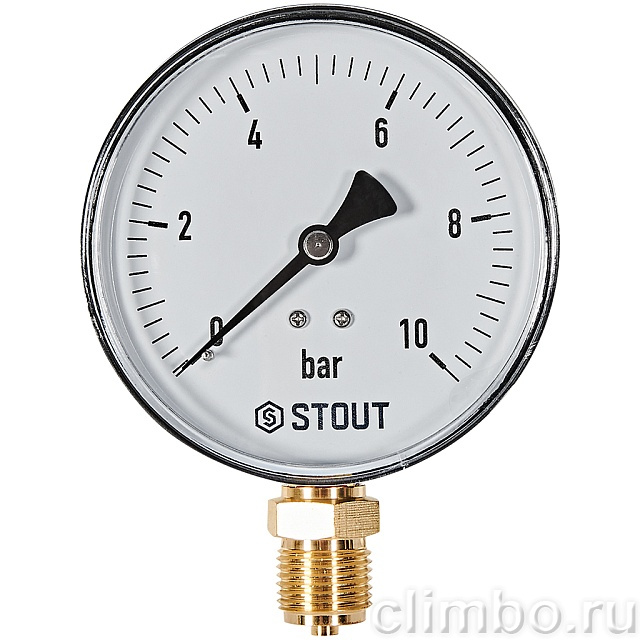 Манометр радиальный STOUT корпус Dn 100 мм 1/2 , 0...10 бар, кл.2.5 — фото, детали конструкции