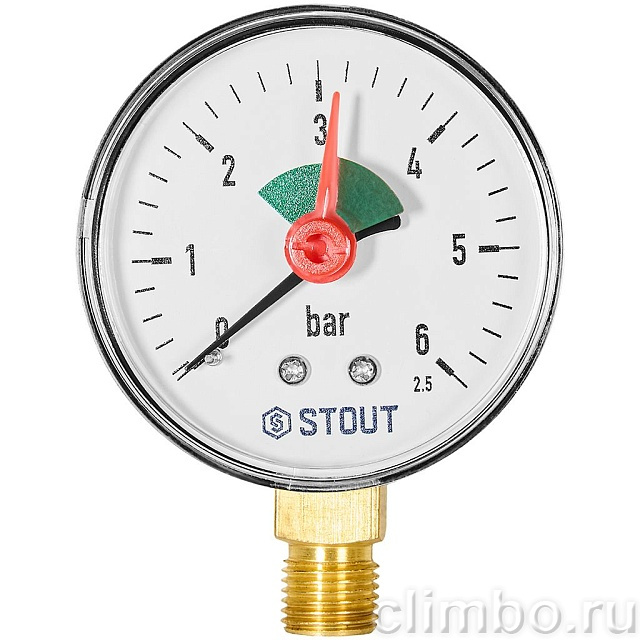 Манометр радиальный STOUT с указателем предела, корпус Dn 63 мм 1/4 , 0…6 бар, кл.2.5 — фото, детали конструкции